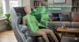 Graphic showing the automatic body scanning feature that adjusts the 3D rollers to the user’s height and shoulder width.