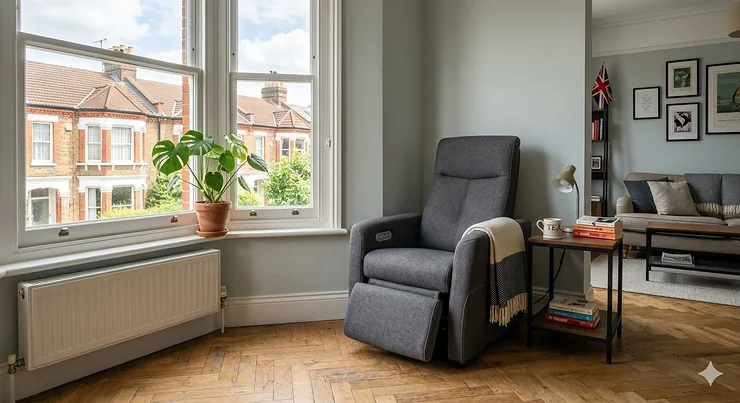 A modern charcoal grey compact massage chair styled in a bright British living room with a bay window and traditional terraced houses visible outside. compact massage chair