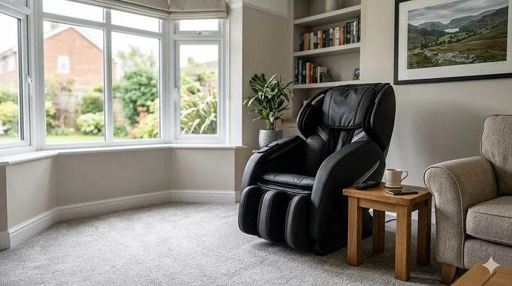 A stylish faux-leather massage chair in a modern British living room with a bay window, demonstrating premium features available for under £1000. massage chair under £1000