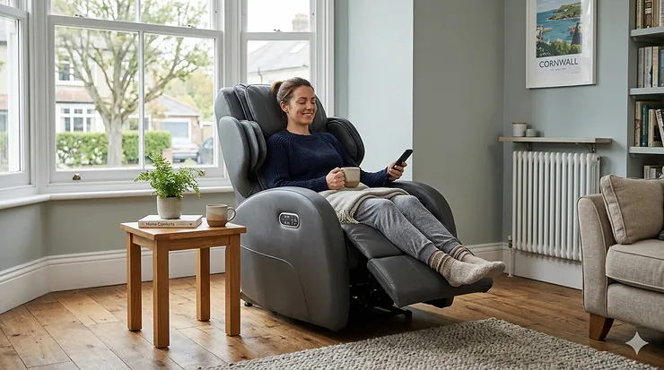 A stylish faux-leather heated massage chair under £500 in a modern British living room setting. massage chair under £500