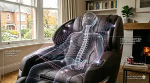 Illustration showing how sensors in a massage chair map the user's spine for a bespoke massage.