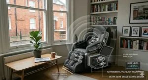 Technical schematic of a slimline massage chair showing a 74cm width and adjustable legrest designed to fit into narrow rooms and hallway access.
