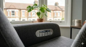 A close-up of the integrated side control panel on a grey fabric chair with settings for deep tissue massage and heat.