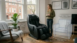 A graphic showing the narrow width and small footprint of a massage chair compared to a standard sofa.