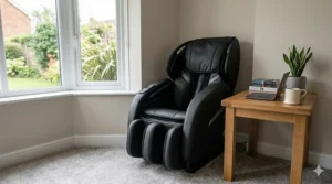 A space-saving massage chair tucked into a small UK home office, showing zero-wall clearance technology.