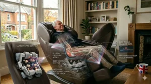 Close-up illustration of massage chair rollers using body scanning to target deep tissue pressure points