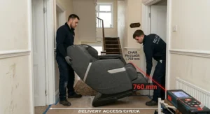 A discreet 2-in-1 massage chair shown with the legrest folded away to function as a stylish occasional armchair in a modern London-style apartment.