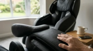 Close-up of high-quality, breathable synthetic leather upholstery on a massage chair under £1000.