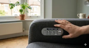 A person using the built-in control interface on the arm of a compact massage chair to adjust the intensity of a shiatsu programme.