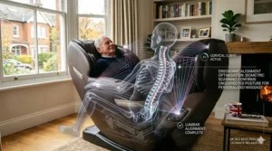 A diagram of a body scanning massage chair aligning with the natural curve of the human back.