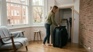 A foldable massage chair being tucked away into a corner of a small British flat.
