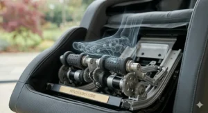 A close-up of the internal reflexology foot rollers and mechanical gear system designed to provide a targeted massage to the soles of the feet.