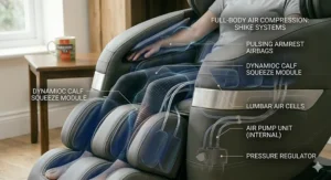 Alt text for image 8: Transparent overlay showing the full-body air compression system, including pulsing armrest airbags and dynamic calf modules.