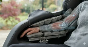 An illustration of the full-body airbag compression system showing multi-layered air cells providing rhythmic pressure to the user's arm and wrist.