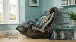 Visual guide to the graphene heating elements and lumbar heat therapy zones within a luxury wall-hugging chair.