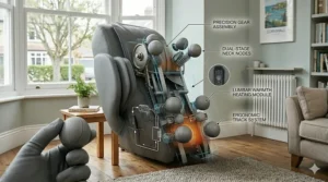 Contemporary grey fabric massage chair that fits modern British interior design trends.