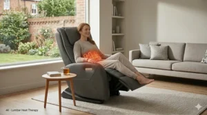 Highlighted diagram of the lumbar heating pads on an L-track massage chair for soothing back pain.