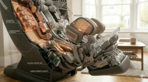 A diagram highlighting the integrated heating grid and lumbar warmer filaments designed for soothing heat therapy during a massage.