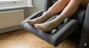 A close-up view of a user's feet and legs resting in the integrated calf and foot massager unit of a compact chair.
