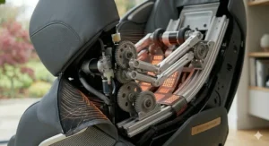 A technical close-up of the integrated lumbar heat therapy system with carbon fibre pads emitting a warm amber glow for muscle relaxation.