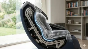 Detailed internal view of an L-track massage chair where the roller track extends under the seat to provide a continuous massage from the neck down to the hamstrings.