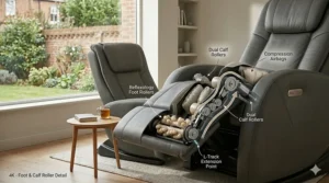 Close-up illustration of the reflexology foot rollers and calf air compression bags on an L-track model.