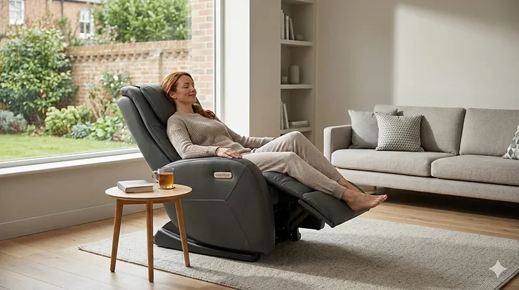 A luxury L-track massage chair in a modern British living room, showing the full-body design from head to thigh. L-track massage chair