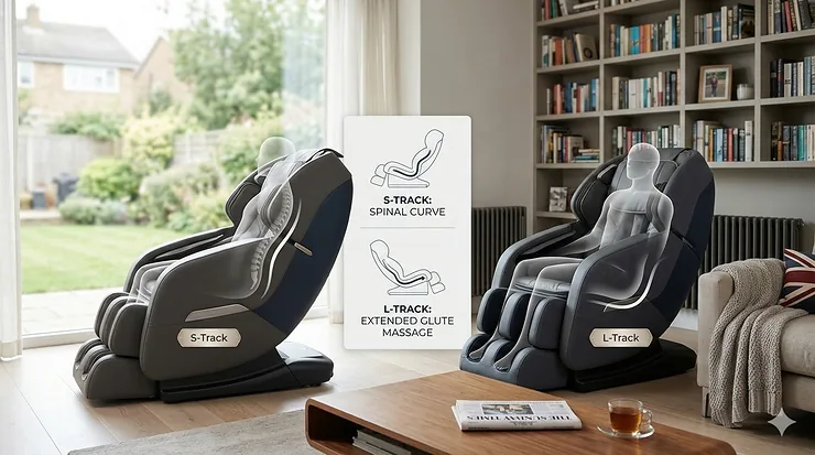 A side-by-side comparison of L-track and S-track massage chairs in a modern British living room, featuring a technical overlay showing the difference between spinal contouring and extended glute massage. L-track vs S-track massage chair