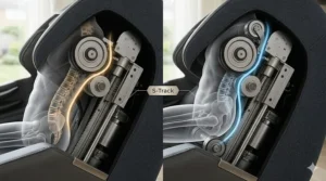 Technical illustration highlighting the S-track roller system providing deep-tissue pressure to the lumbar region for effective lower back pain relief.
