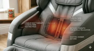 Alt text for image 5: Close-up illustration of carbon fibre infrared heating pads in the lumbar backrest for deep muscle relaxation and warmth.