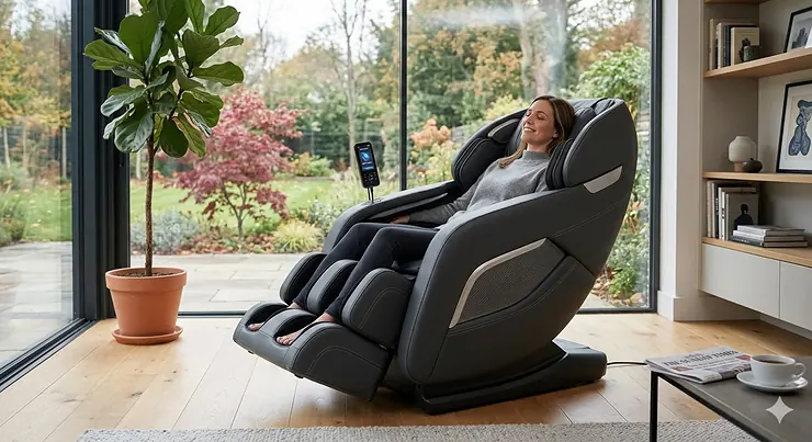 A premium 4D massage chair in a modern British living room setting, showcasing the sleek leather finish and ergonomic design with a view of a garden. 4D massage chair