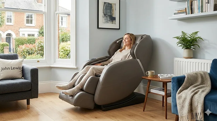 A luxury wall-hugging massage chair in a modern UK lounge, positioned inches from the wall to save floor space. wall-hugging massage chair