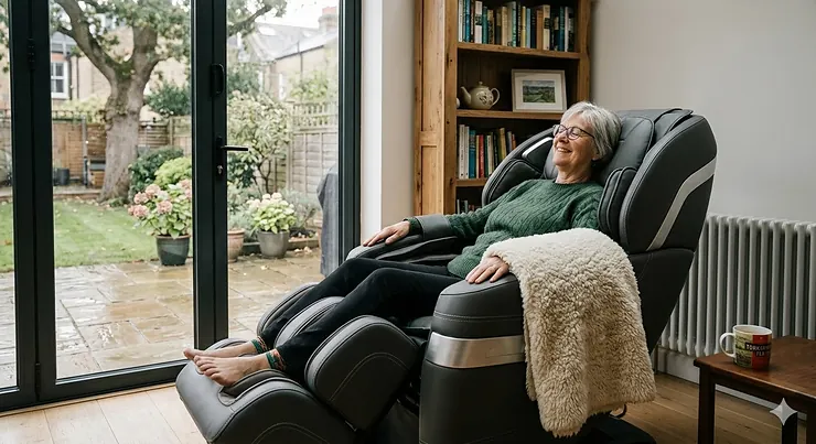lt text for image 1: A luxury zero gravity massage chair in a modern British lounge, reclined to the neutral body position for spinal pressure relief. zero gravity massage chair