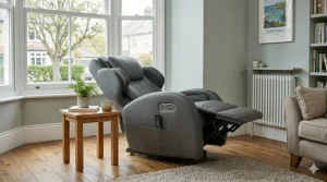 Side view of a manual reclining massage chair with an integrated footrest.
