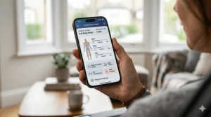 A close-up of a smartphone displaying a massage chair control app with adjustable settings for neck, back, and leg intensity.