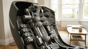 A photorealistic illustration of the automated body-scanning sensors and mechanical framework located within the chair's backrest.