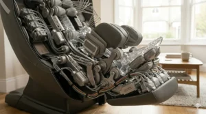 A technical view of the massage chair's leg rest assembly, featuring motorised calf rollers and integrated air compression units.