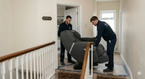 Two professional delivery men carefully maneuvering a compact massage chair through a standard 76cm wide internal doorway in a period conversion flat.