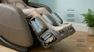 Close-up of the massage chair footrest featuring calf airbags and reflexology rollers for targeted leg relief.