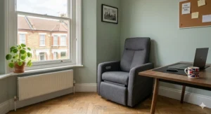 A compact massage chair used as a comfortable seating solution in a British home office with a desk and a Union Jack mug.