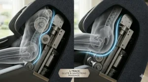 High-detail internal view of a premium massage chair chassis, showing the robust steel construction of the L-track and S-track roller components.