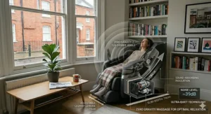 High-detail technical cutaway revealing the internal L-track and whisper-quiet mechanical actuators of a space-saving massage chair for UK homes.