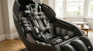 A detailed cross-section of a massage chair showing the internal rollers, gear systems, and anatomical alignment for spinal relief.