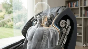 Close-up 4K illustration of precision massage rollers targeting the cervical spine and shoulders to alleviate tension and stiffness caused by desk work.