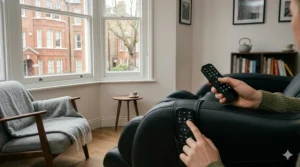 A close-up of a sleek side panel or remote on a compact massage chair with intuitive buttons.