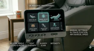 Alt text for image 9: Close-up of the intuitive remote control interface featuring specific UK massage programmes and manual intensity settings.