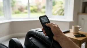 Close-up of a massage chair remote showing various auto-programmes and intensity levels for a personalised massage.