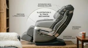 Alt text for image 3: Detailed illustration of the SL-track massage system following the natural S-curve of the spine from the neck to the hamstrings.