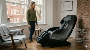 A massage chair featuring a retractable footrest to save space when the device is not in use.