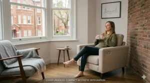 A stylish, neutral-toned massage chair that looks like a standard armchair in a small lounge.